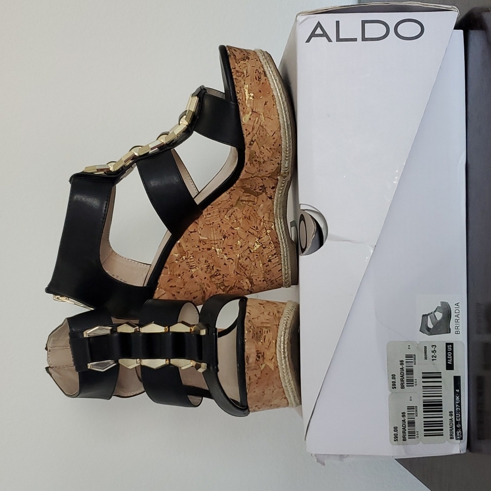 Aldo size 6.5 Briradia black wedge cork espadrille sandals used condition